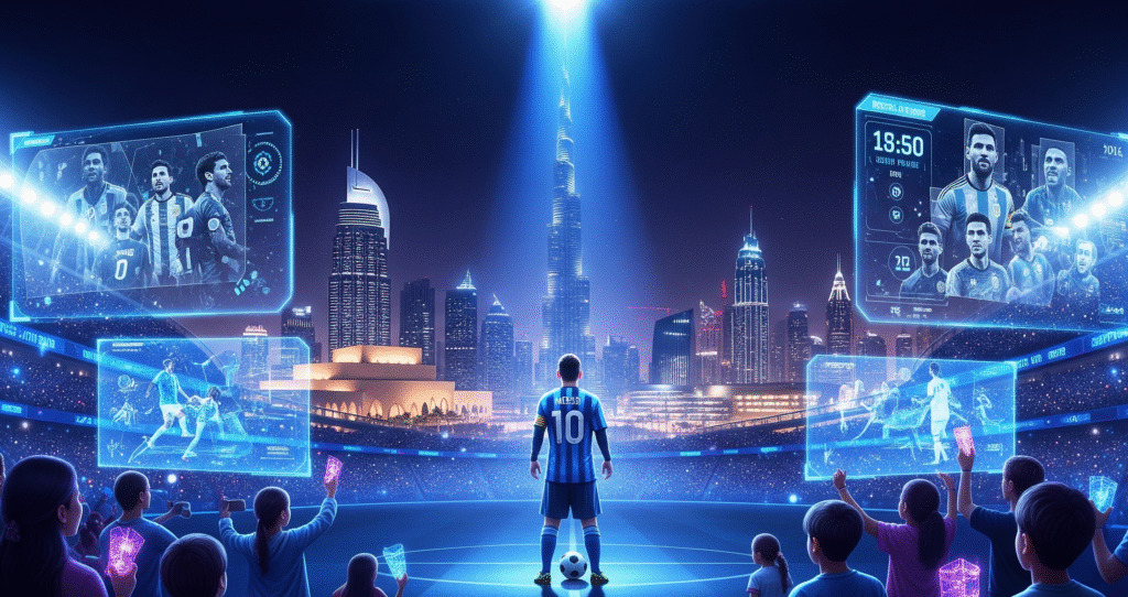 Visitors experiencing the immersive Messi Experience Dubai exhibition featuring hologram, interactive displays, and memorabilia at Museum of the Future." Title: "Inside the Futuristic Messi Experience Dubai Exhibition