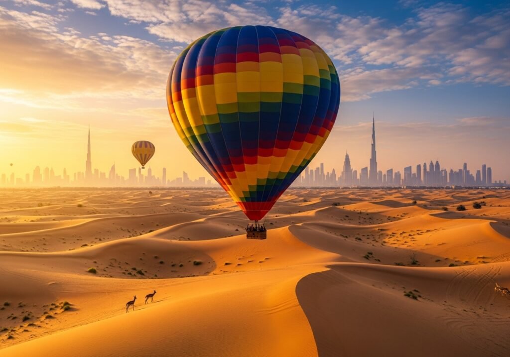 Hot Air Balloon Ride Dubai floating over golden desert dunes at sunrise, with the Dubai skyline in the distance under a vibrant, colorful sky.