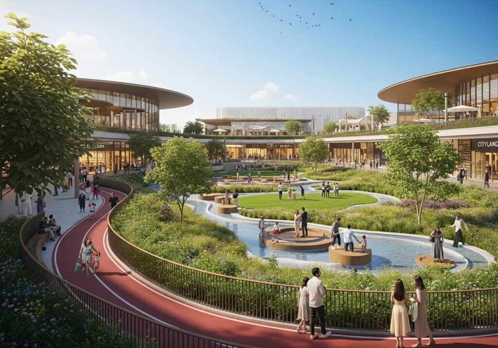 Panoramic view of the Central Park within Cityland Mall Dubai, highlighting its unique nature-inspired mall design and vibrant atmosphere.