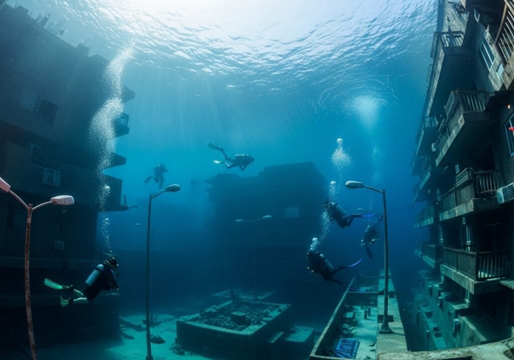Divers exploring the intricate submerged city within Deep Dive Dubai, the world's deepest swimming pool.