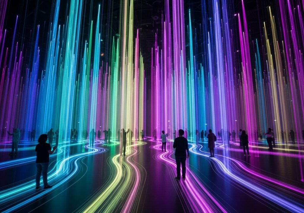 Visitors experiencing the stunning light and sound display in the Aurora zone at AYA Universe Dubai, an immersive digital art installation.
