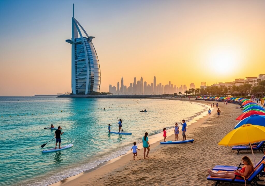Jumeirah Beach Dubai at sunset, with golden sands, turquoise waters, and the Burj Al Arab in the background, showcasing a vibrant beach scene.