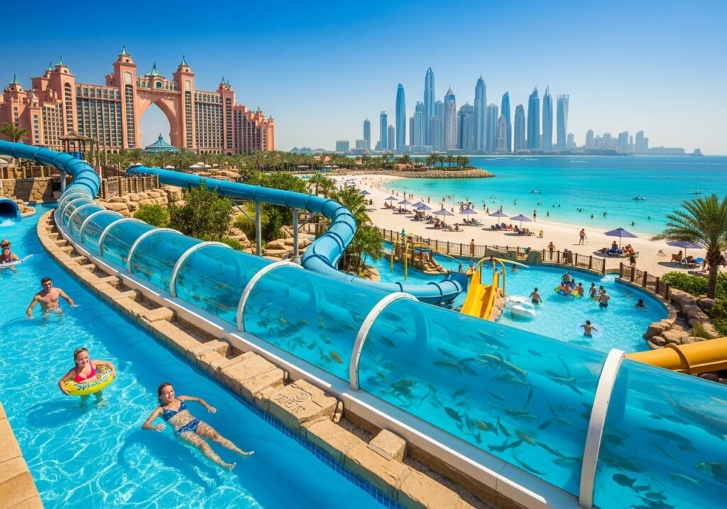 Families enjoying thrilling Aquaventure slides and relaxing on the Aquaventure private beach at Aquaventure Beach and Park, Dubai’s ultimate water and beach destination.