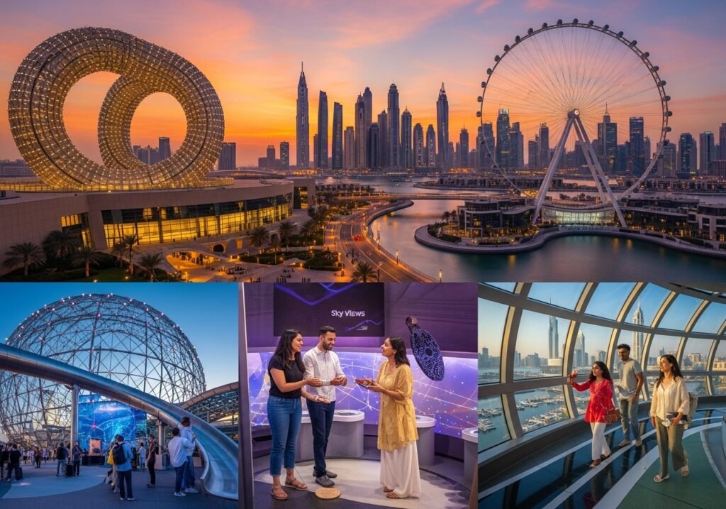 Explore Dubai New Tourist Spots in 2025, showcasing the Museum of the Future, Ain Dubai, and Dubai Marina skyline at sunset with tourists enjoying interactive attractions.