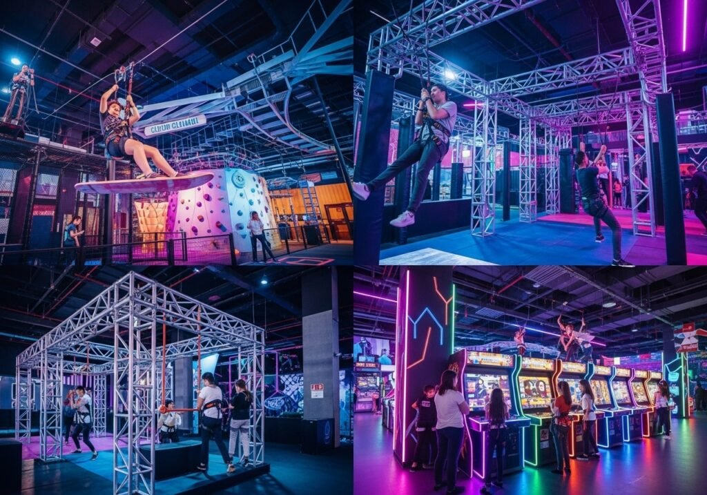 Visitors enjoying the exhilarating attractions like the zipline and ninja course at GLITCH Dubai, the ultimate indoor entertainment center.