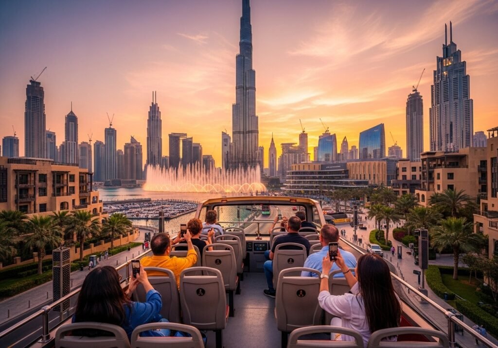 Dubai On and Off Bus in 2025, showcasing an open-top bus with tourists enjoying views of the Burj Khalifa and Dubai Marina skyline at sunset.