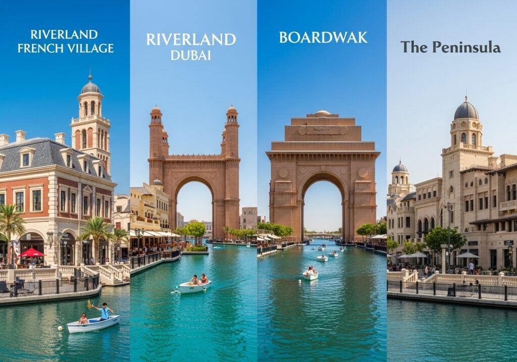 Panoramic view of Riverland Dubai, showcasing its diverse themed zones and central river, the vibrant gateway to Dubai Parks and Resorts.