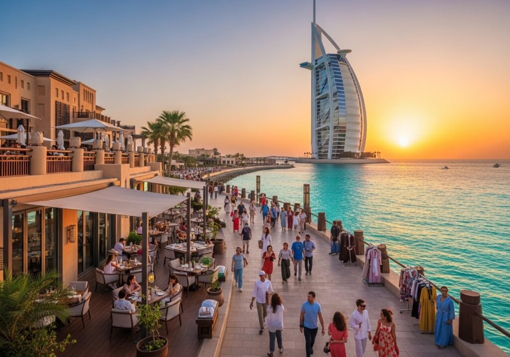 Marsa Al Arab Walk in 2025, showcasing a vibrant waterfront promenade at sunset with Burj Al Arab, tourists strolling, and upscale dining along the Arabian Gulf.