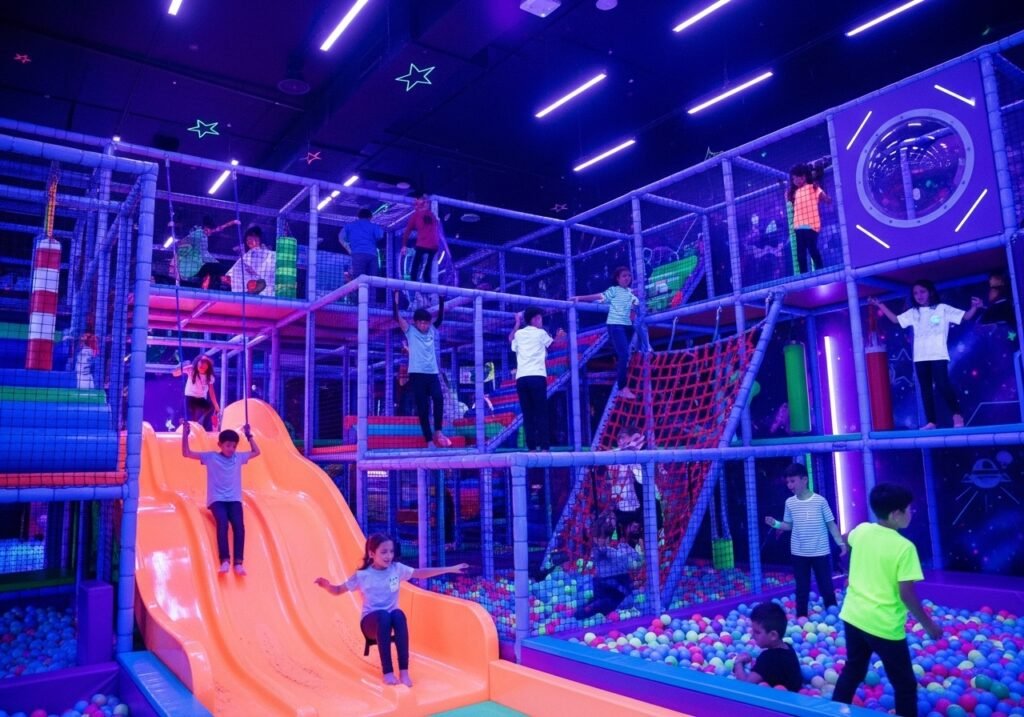 Kids and teens enjoying active play and cosmic adventures at Neon Galaxy Dubai, a vibrant indoor playworld.