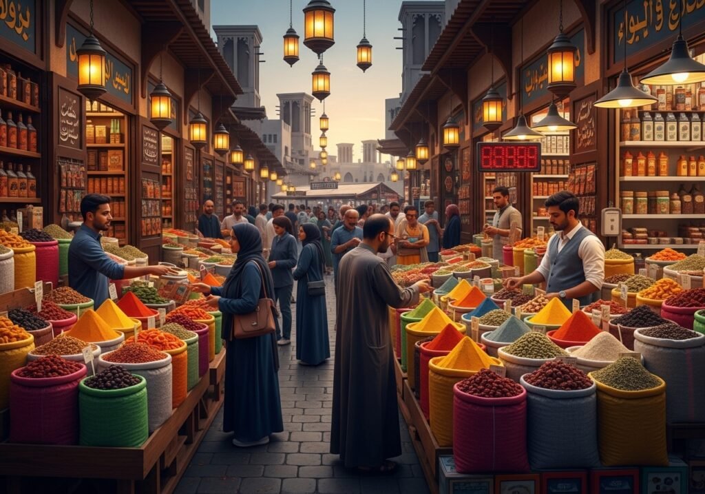 Explore Dubai Spice Market in a vibrant scene of the Deira Spice Souk, showcasing colorful spice stalls, aromatic herbs, and a lively crowd under glowing lanterns with Dubai Creek in the background.