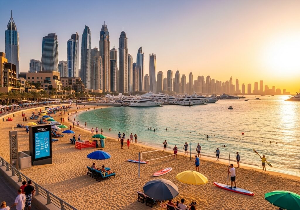 Marina Beach Dubai at sunset, with golden sands, turquoise waters, and the Dubai Marina skyline, showcasing a vibrant beach scene with yachts, paddleboarders, and The Walk’s promenade.
