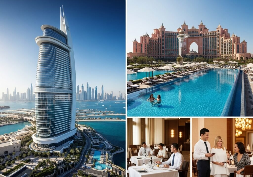 Guests enjoying infinity pools and fine dining at The Royal Atlantis, Dubai’s premier luxury resort destination.