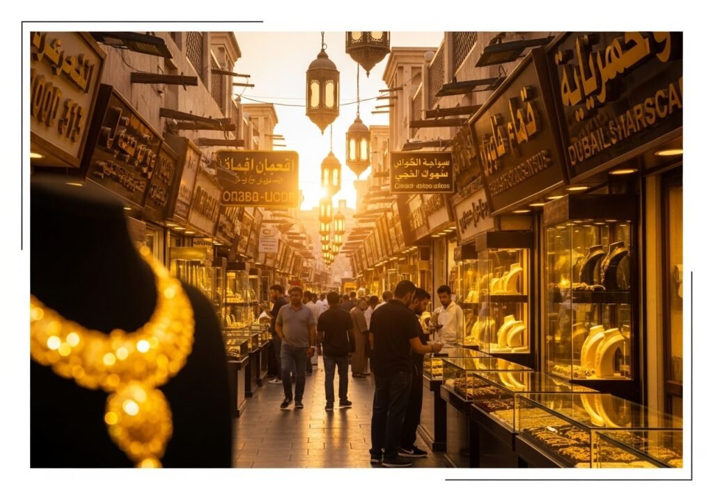 Explore Dubai Gold Market – A golden hour shot of Dubai’s iconic Gold Souk with traditional shops and gold jewelry.