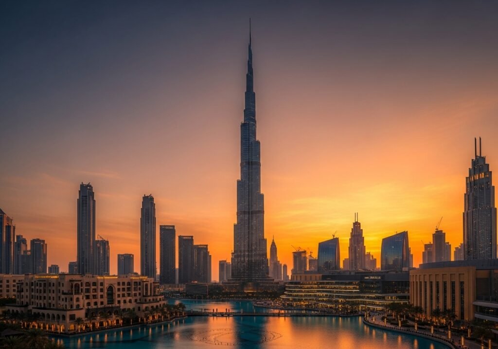 Burj Khalifa at sunset with Dubai skyline glowing in golden light