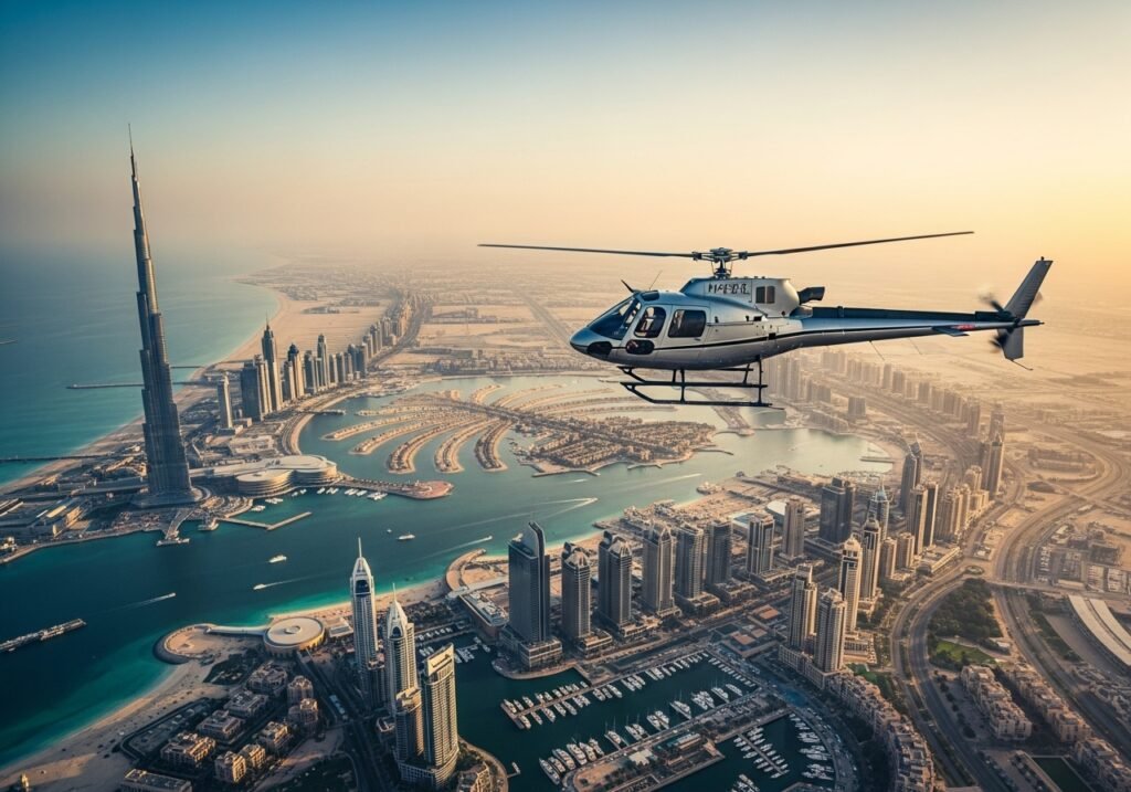 Helicopter Tour Dubai flying over Dubai skyline at sunset with Burj Khalifa and Palm Jumeirah visible below
