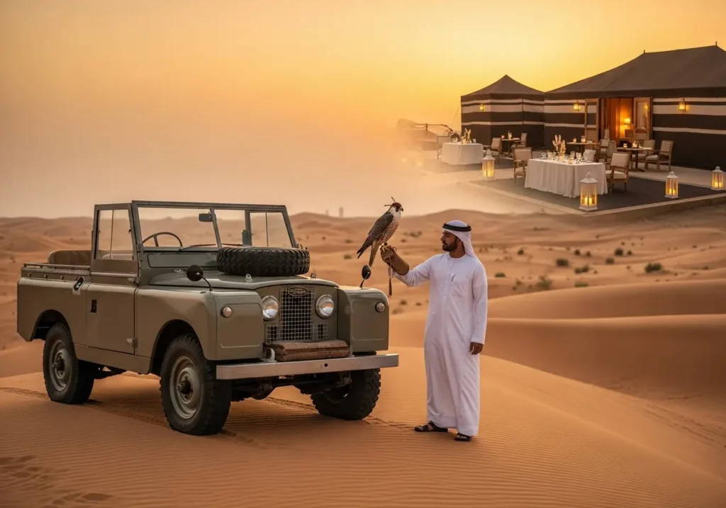 A majestic falcon and a vintage Land Rover at a luxury Royal desert retreat, representing the ultimate Platinum Heritage Safari.