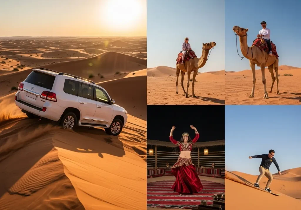 Захватывающие активности на сафари в Дубае на закате с колонной внедорожников на красных дюнах.