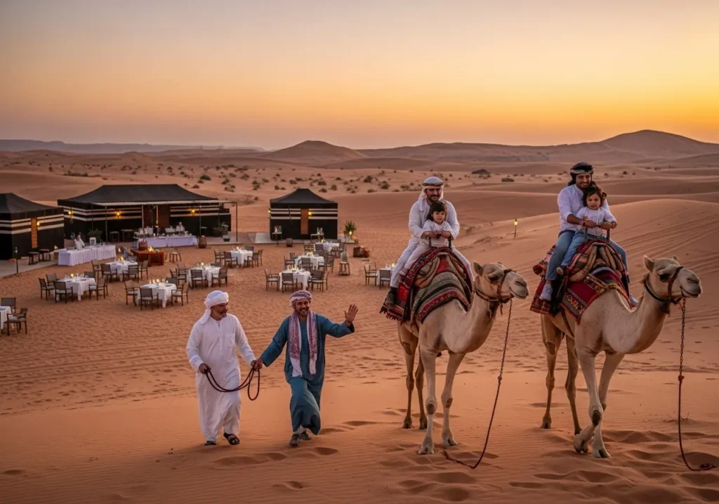 A happy family enjoying a gentle camel ride during a serene Safari without Dune Bashing in Dubai at sunset.