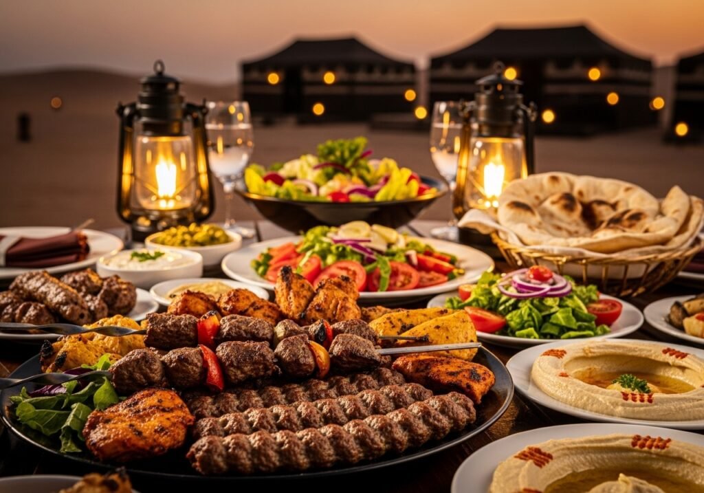 Enjoying a delicious Dubai Desert Safari BBQ Dinner with traditional Arabian BBQ Dubai cuisine under the stars.