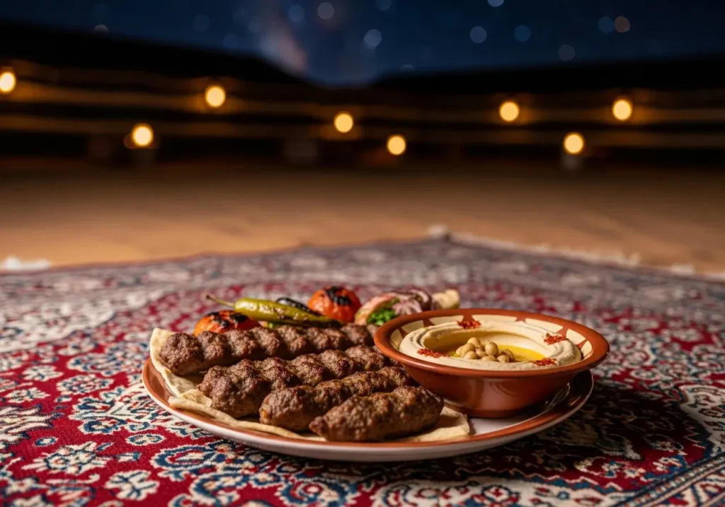 A delicious plate of grilled meats from a Dubai BBQ Dinner, set against the magical backdrop of a desert camp at night.