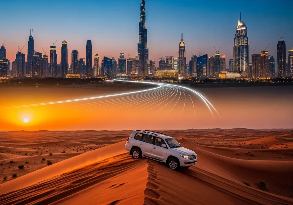 A split-image showing the seamless journey of a Safari Downtown Dubai, from the iconic Burj Khalifa to a thrilling desert adventure.
