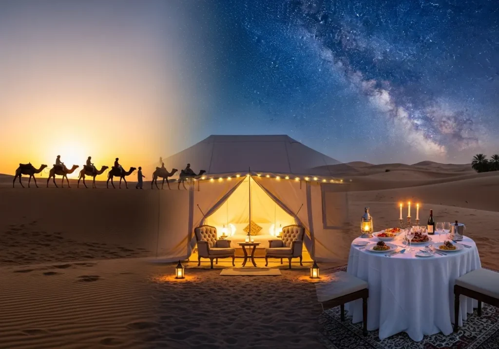 Enjoying a Desert Safari Without Dune Bashing, focusing on a peaceful desert safari with camel riding and luxury desert retreat experiences.