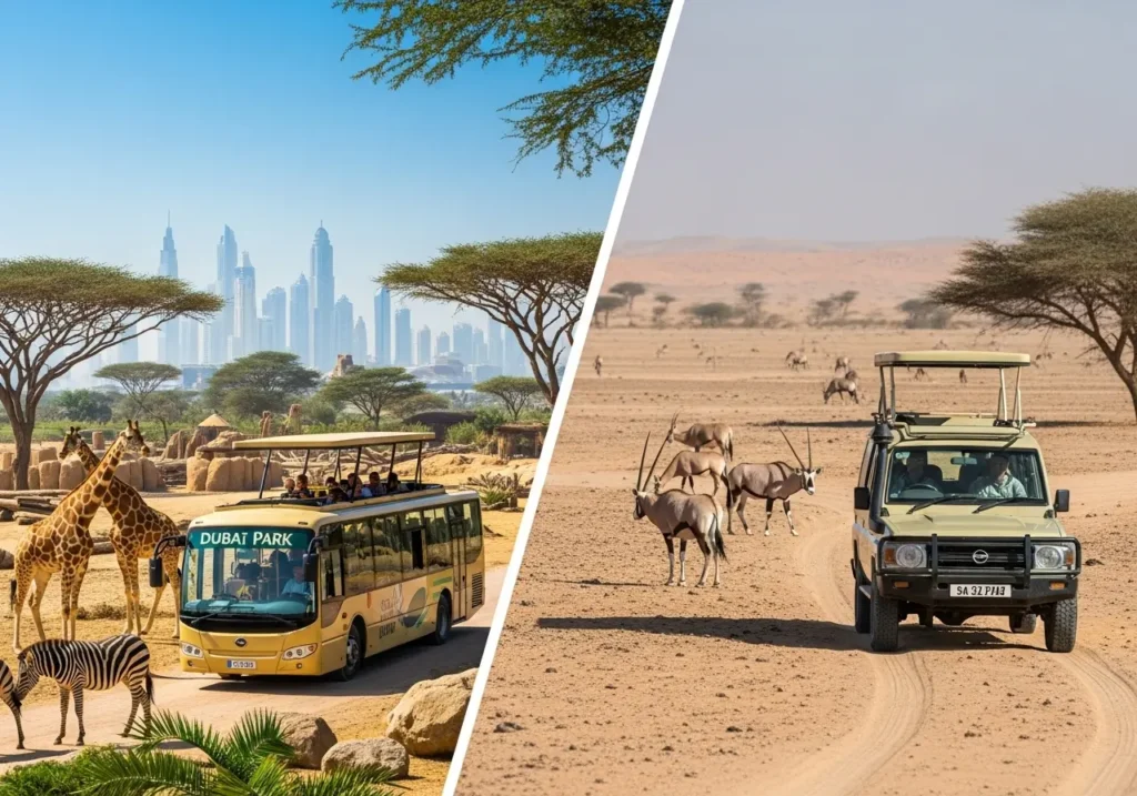 A visual comparison of Dubai Safari Park vs Sharjah Safari Park, showing their different landscapes and animals.