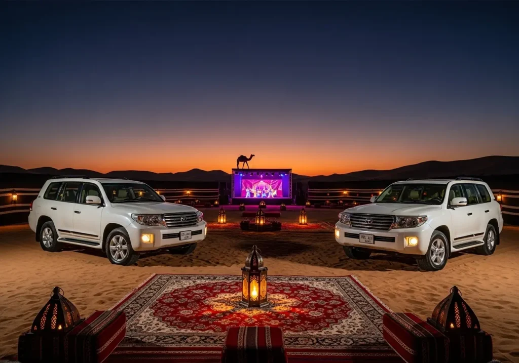 A magical desert camp scene representing the Desert Safari Dubai with a lantern, camel, and entertainment.