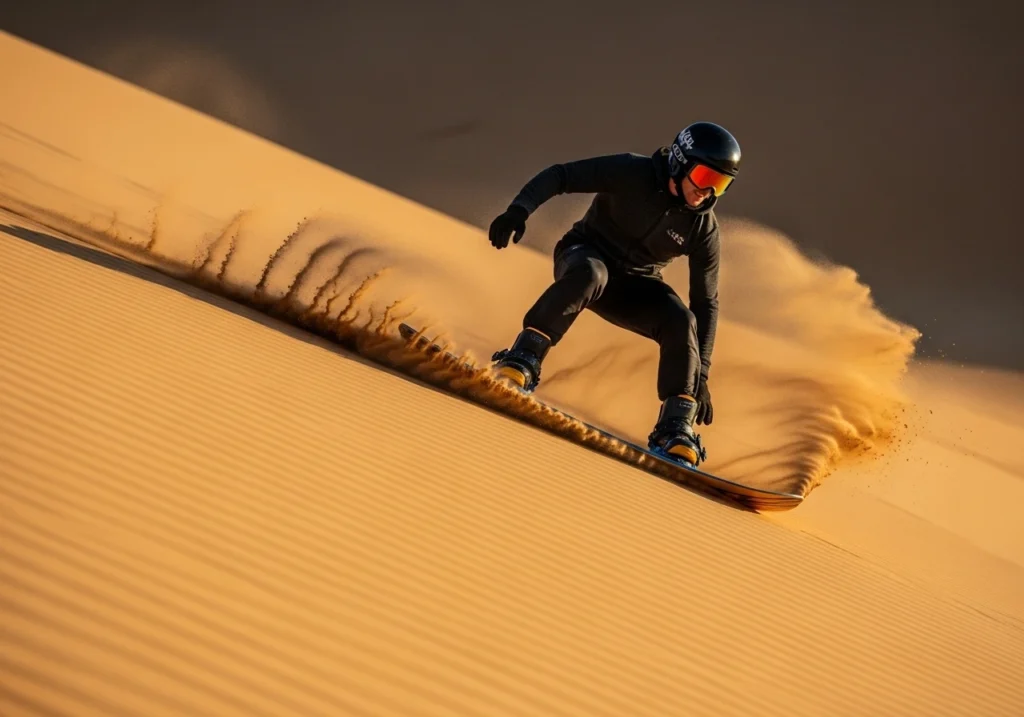 An exhilarating Sand Dunes Boarding Dubai experience, with a person gliding down a golden sand dune.