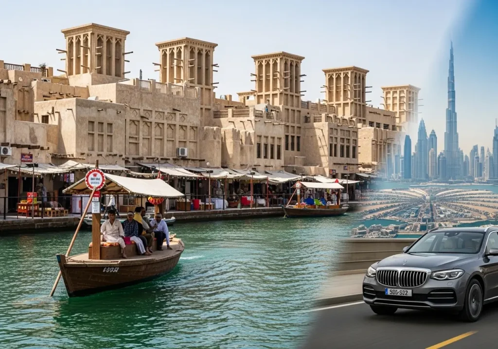 Exploring a comprehensive Old and New Dubai City Tour, featuring Dubai Creek abra ride and Palm Jumeirah tour.