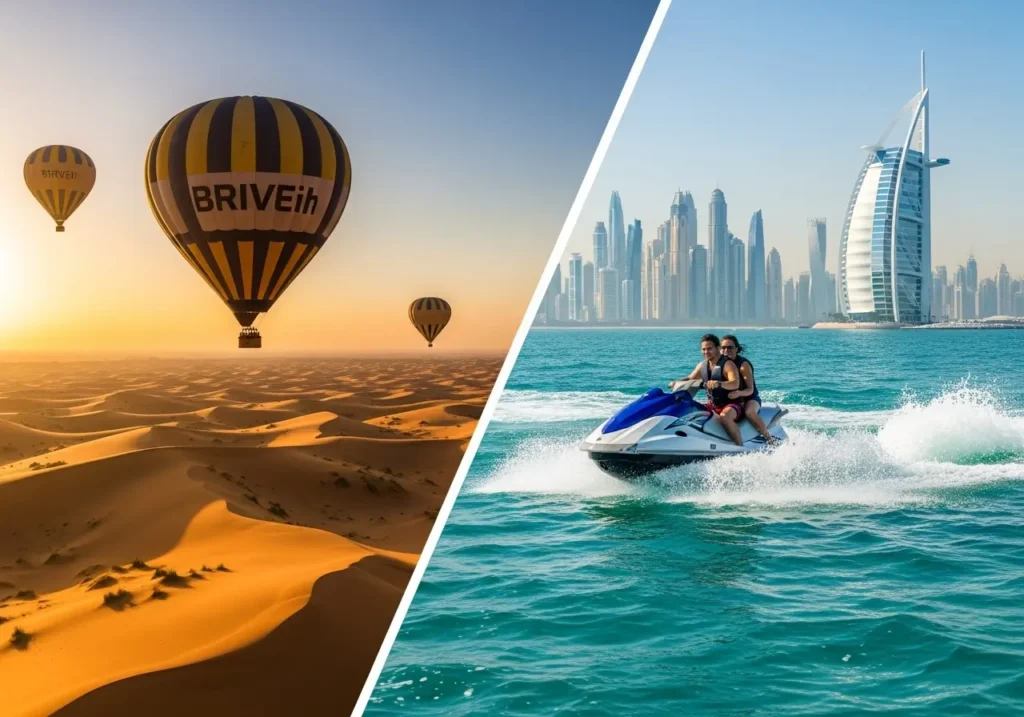Experiencing the best of both worlds with a Hot Air Balloon and Jet Ski adventure in Dubai, showcasing a desert and sea adventure.
