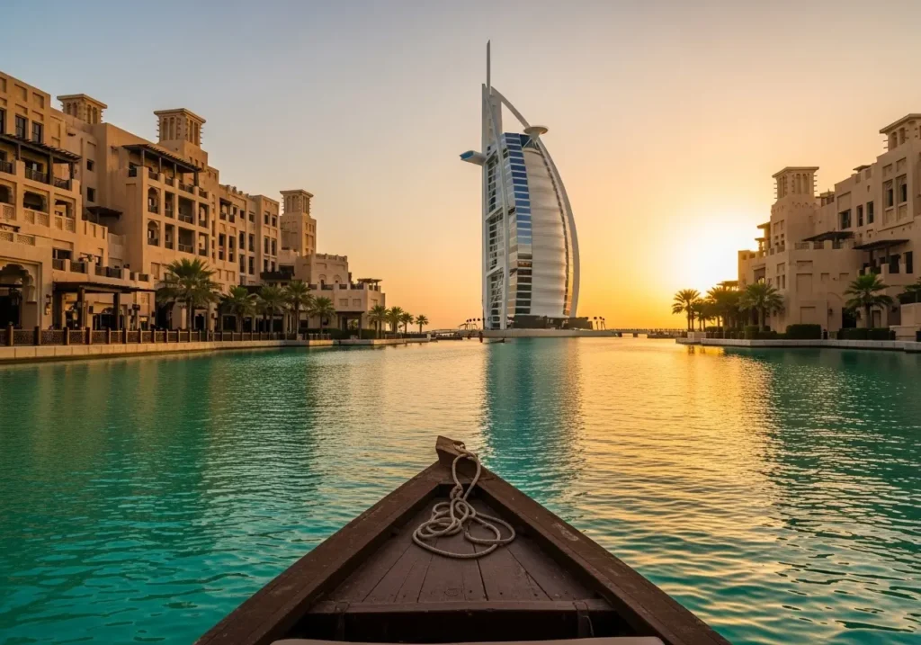 A magical Abra Tour Jumeirah with a stunning view of the Burj Al Arab at sunset from a traditional boat.
