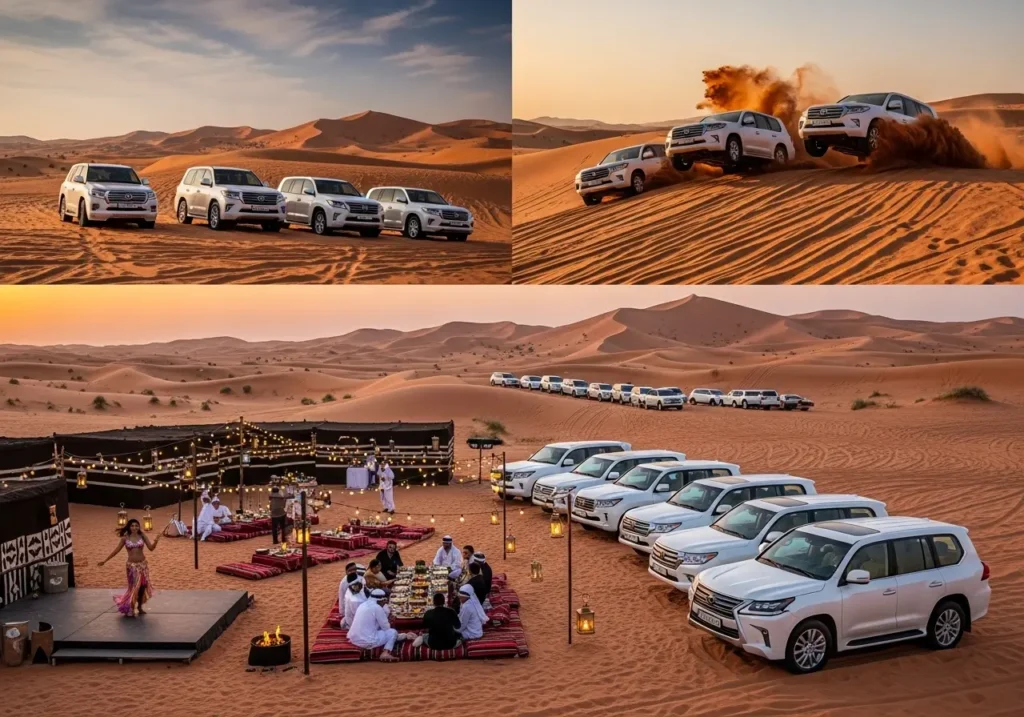 A magical desert camp scene representing the complete Dubai Desert Safari Tour with a lantern, camel, and entertainment.