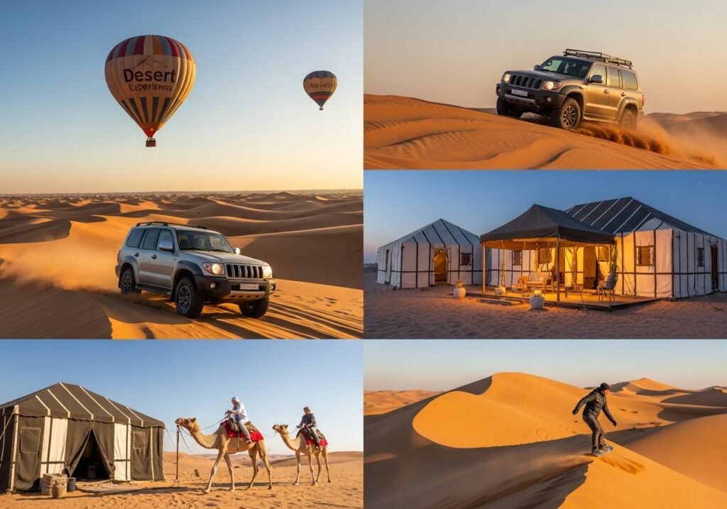 A collage of exciting Dubai Desert Experiences, including dune bashing, hot air balloon rides, and luxury camping.