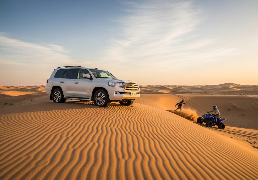 Experiencing a Morning Desert Safari Dubai with dune bashing and sandboarding under the stunning sunrise.