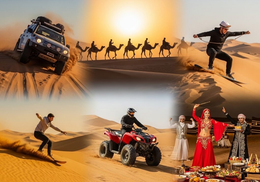 Exploring the top Dubai Desert Safari Activities, including dune bashing, camel riding, sandboarding, and vibrant desert camp entertainment.
