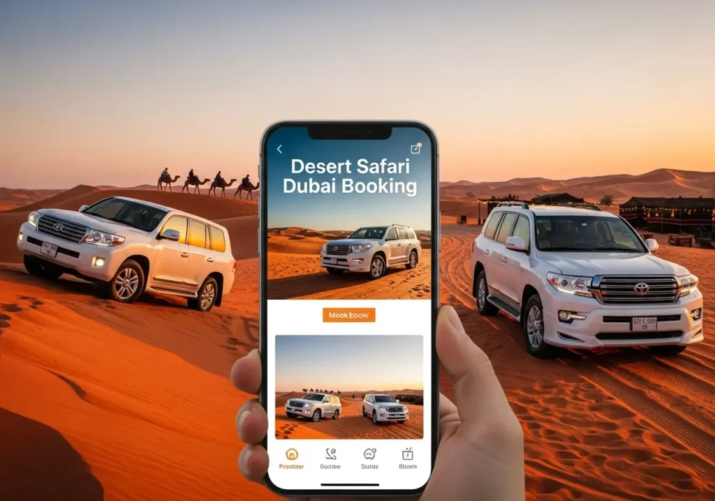 A smartphone showing a Desert Safari Dubai Booking screen, with a thrilling desert adventure scene visible through it.