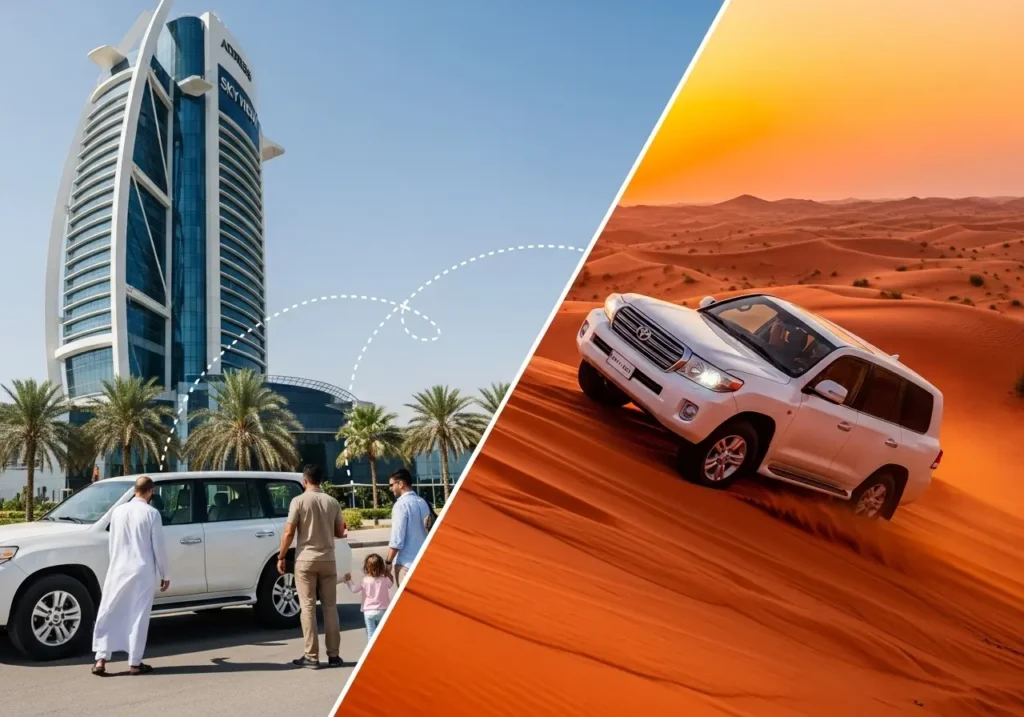 A split-image showing a seamless Desert Safari with Pickup, from a city hotel to an exciting desert adventure.