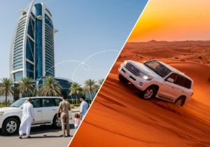 A split-image showing a seamless Desert Safari with Pickup, from a city hotel to an exciting desert adventure.