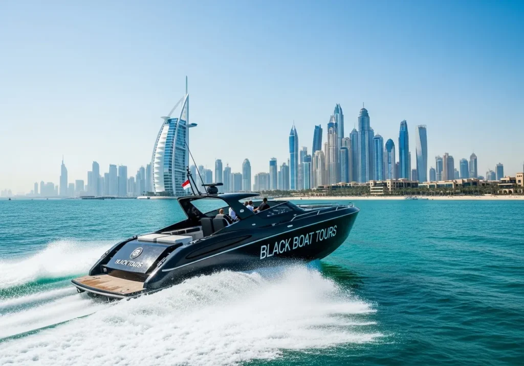 Experiencing a Black Boat Tours Dubai adventure, offering a thrilling boat ride to see iconic landmarks from the sea.