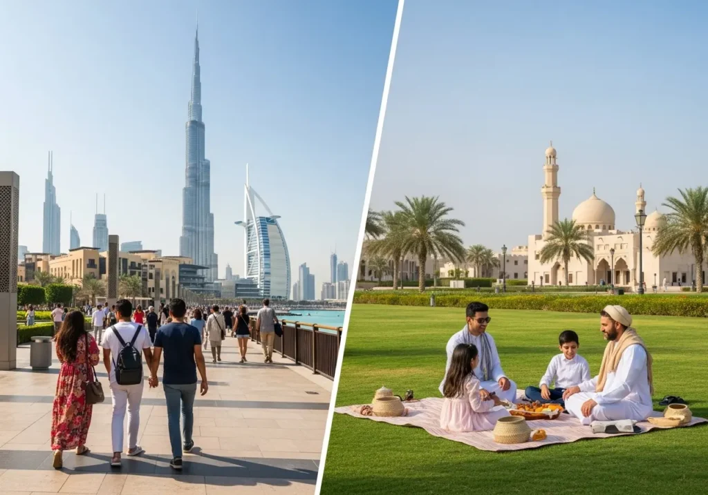 A visual comparison of free Dubai public visit places vs Sharjah's free attractions.