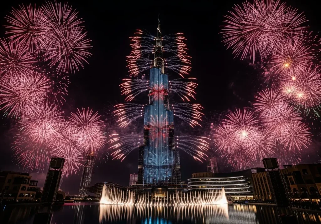 The spectacular and iconic Dubai Fireworks display at the Burj Khalifa on New Year's Eve.