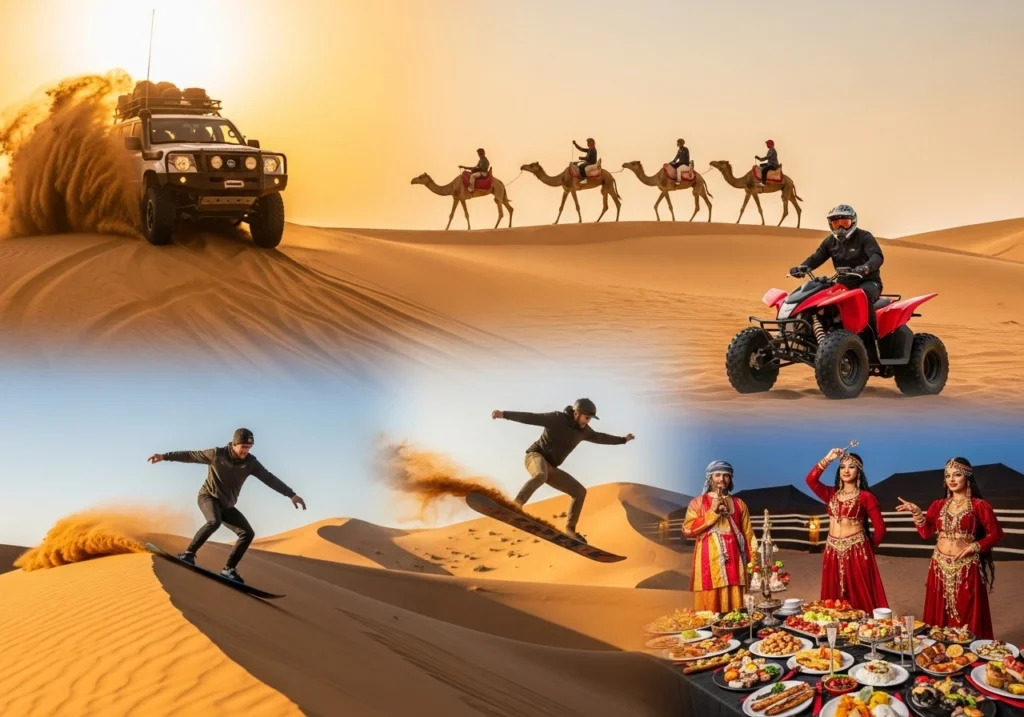 Exploring the Dubai Desert Safari Top 5 activities, including dune bashing, camel riding, sandboarding, and vibrant desert camp entertainment.