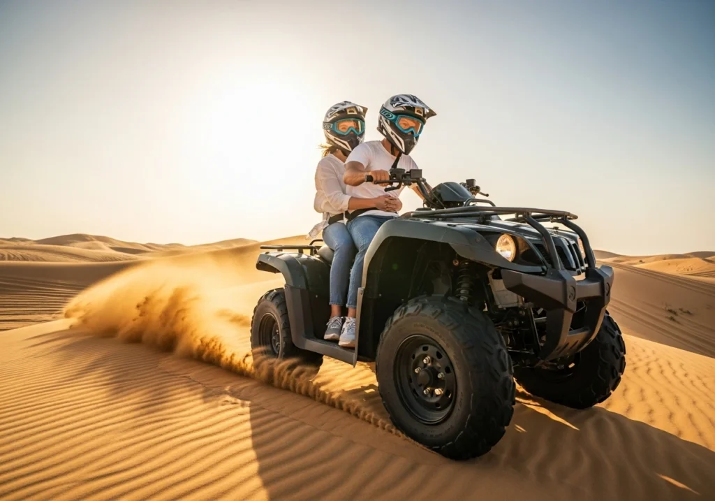Experiencing the exhilarating Two Seater Quad Bikes Dubai adventure, perfect for a shared quad biking Dubai thrill.
