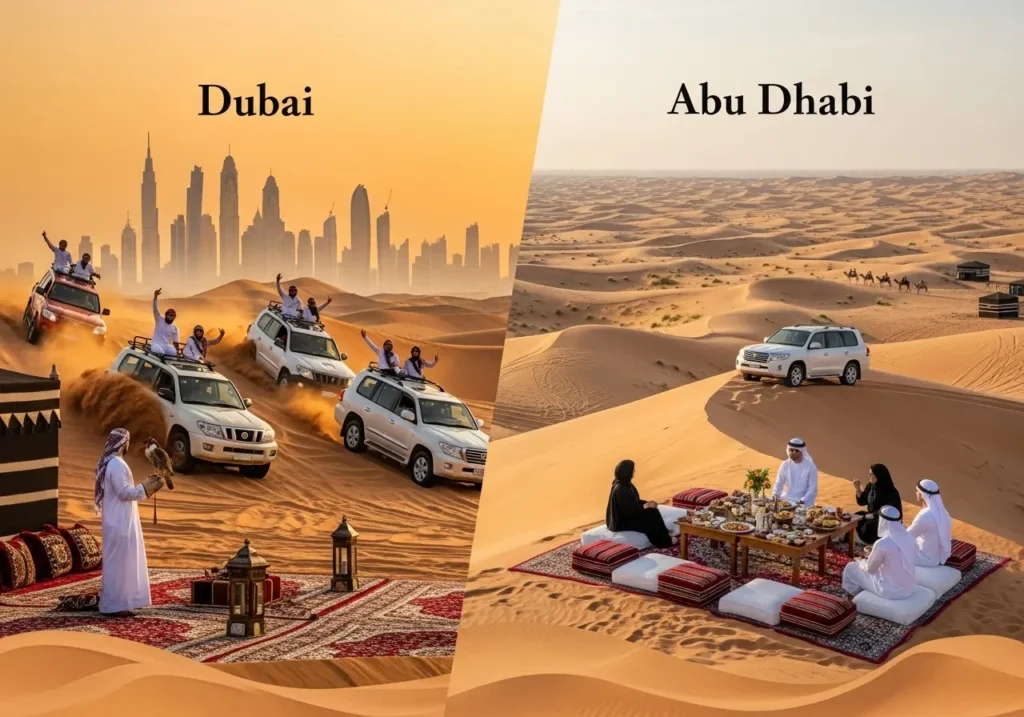 A split-image comparing the thrilling Dubai vs Abu Dhabi Safari, showing dune bashing on one side and wildlife on the other.