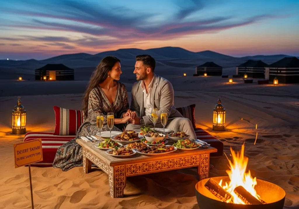 A romantic silhouette of a couple enjoying a beautiful Sunset Desert Safari for couple in Dubai. Romantic Desert Safari Dubai