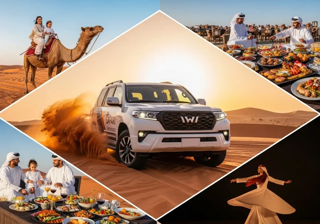 A vibrant collage showcasing the complete adventure of a Rayna Tours Safari in Dubai.