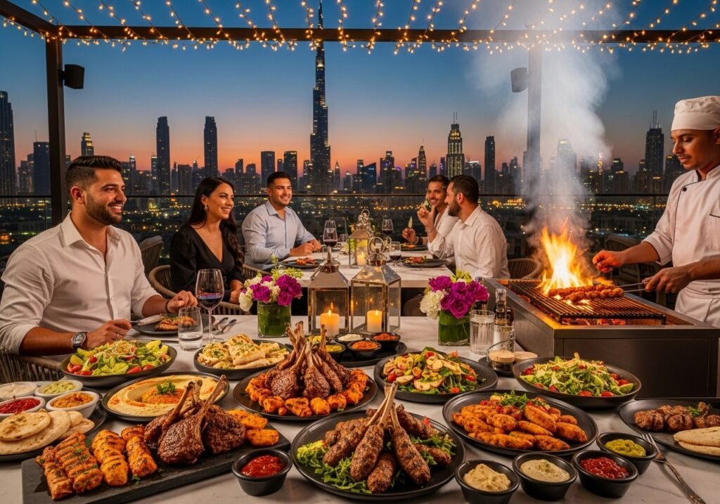A delicious plate of grilled meats from a Dubai BBQ Dinner, set against the magical backdrop of a desert camp at night.