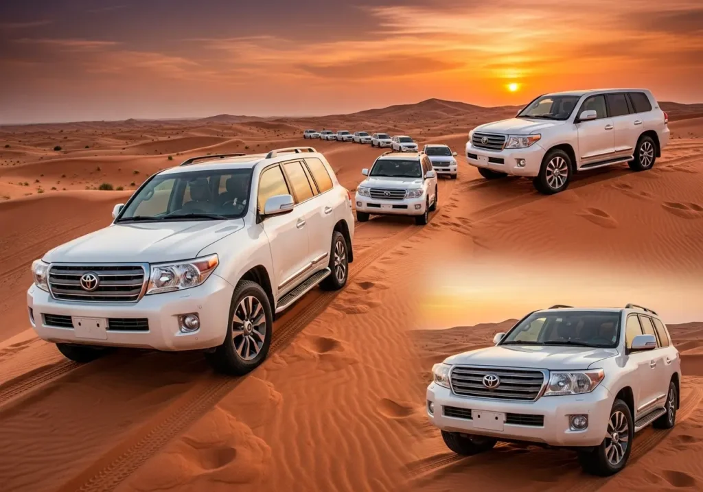 Захватывающее сафари в пустыне Шарджа на закате с колонной внедорожников на красных дюнах.