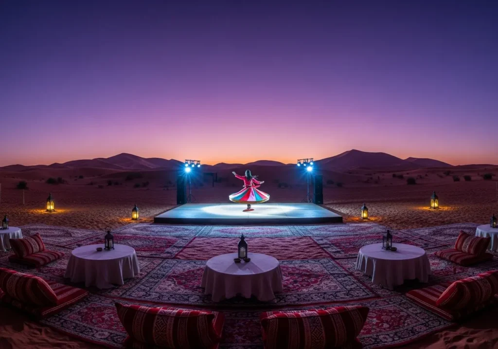 Волшебный Uzhin v pustyne в Дубае с представлением танца танура в традиционном бедуинском лагере на закате.